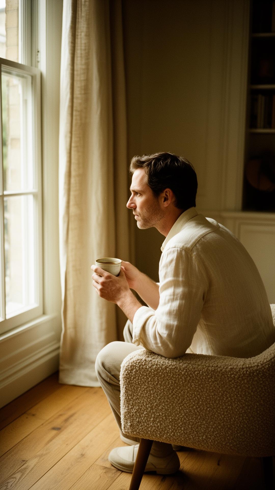 Sebastian Schoppersberger in einem hellen Wohnraum, nachdenklich am Fenster